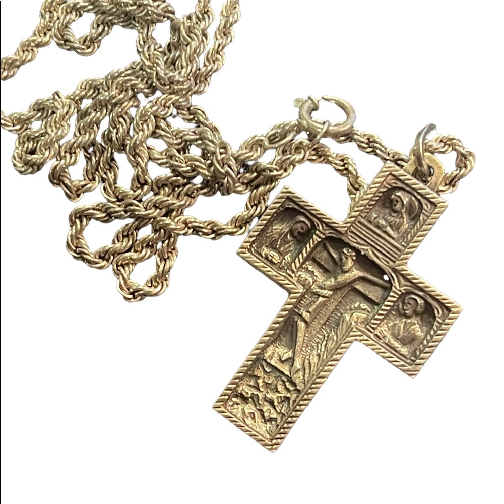 Antique vintage 1930s Sterling Silver Jesus 3d cross Archangels pendant necklace
